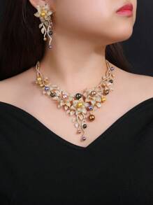 3 pièces/set de bijoux de luxe en zircone cubique et faux perle - collier et boucles d'oreilles, convient pour mariage, robe de soirée, vacances, cadeau d'anniversaire