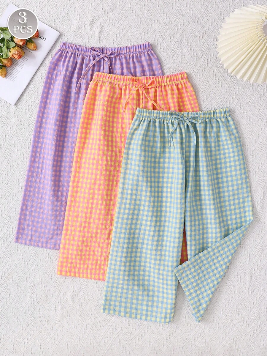 3 sztuki dwukolorowych spodni w kratę, casualowych, młodzieżowych, eleganckich i uroczych z materiału ze ściągaczem 3/4, damskiej bielizny nocnej