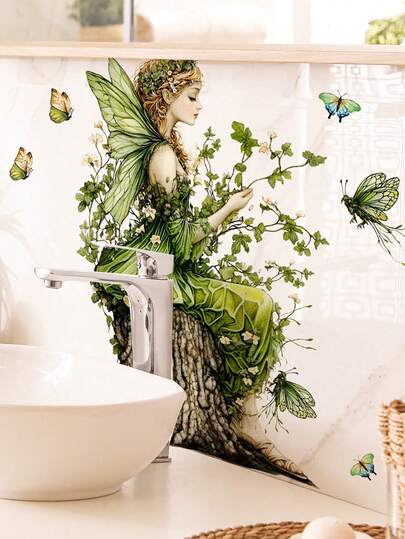 mama look 1 件优雅假盆栽植物墙饰，带有绿蝴蝶、树干、绿叶、向日葵、枫叶、小鸟、牡丹，适用于卧室、客厅、书房、餐厅、浴室，自粘可移除 PVC 壁画