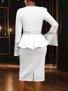 Vestido blanco de fiesta de longitud a la rodilla con volantes asimétricos, manga larga abombada, peplum con lentejuelas. Atuendo para cita, fiesta, boda, dama de honor, graduación, invitado de boda. - Blanco - Ver 5