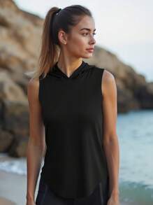 1pc Women's Hooded Sports Tank Top, Sleeveless Design Made Of Lightweight Breathable Mesh Fabric With Smooth Curved Back Hem, Suitable For Weekend Beach Getaways, Holiday Travel, Gym Workouts, Running, Yoga, Hiking And Versatile Everyday Wear
