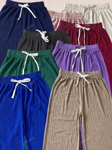 Kit de 3 pantalones de pierna amplia para mujer, multicolor, casual y elegante, tela de algodón y poliéster, bolsillos funcionales, ajuste de cintura natural con resorte y cordón, frescos y ligeros, ideales para temporadas de primavera, verano e inicios de otoño. Te llegarán 3 pantalones en colores al azar.