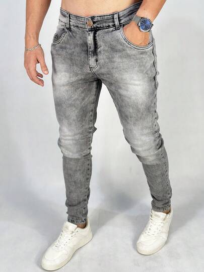 Calça Masculina Denim Marmorizado Skinny Elastano Algodão Ziper Botão Lycra
