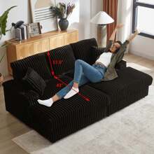 84" Corduroy Oversized 3-Seater Sofa With 2 Ottomans, Modular Sectional Deep Seat Sofa With Back And Toss Pillows, Modern Comfy Sofa With 2 Storage Spaces And Cup Grooves For Living Room