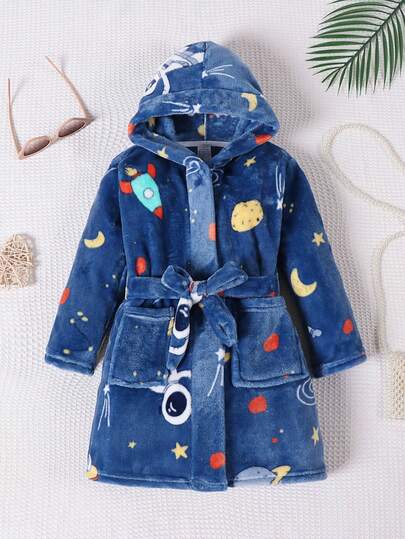 儿童法兰绒宇航员印花连帽浴袍带口袋，男童家居服，适合居家和沐浴后穿着