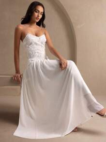 Robe camisole élégante en éponge élégante avec broderie florale 3D, robe de mariage, robe de mariage, robe de douche nuptiale blanche, robe de bal, robe de bal des finissants, tenues de printemps pour femmes, tenues d'été