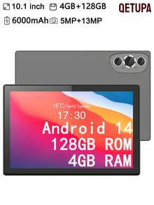 Qetupa Android 14 平板电脑，10.1 英寸 R16 平板电脑，配备 1280x800 IPS 屏幕，4GB RAM+128GB ROM，A523 2.0GHZ 八核处理器 - 灰色 - 查看 1