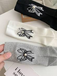 1 Pair Women's Korean Style Socks With Embroidered Bow & Pearl Decor, Fashion Sweet & Cute