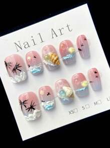 10 Pieces Of Handmade Fantasy Ocean Press On Nails,Summer Nails, Exquisite Shell Decoration, Press On Nails Coffin,Fashionable Design Coffin-Shaped Full-Coverage Nail Pieces, Creating A Sophisticated Look, Suitable For Women And Girls To Wear Daily Or On Holidays.