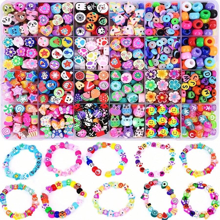Approx. 1000pcs Random Mixed Polymer Clay Beads Bracelet Making Kit, Includes Beading String, Scissors, Lobster Clasp, Jump Rings, Suitable For DIY, Necklace, Earrings, Phone Charm, Crafts, Gifts (Random Colors/Styles)