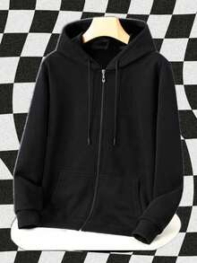 Autumn And Winter Cotton Hoodie Sweatshirt Jacket Solid Color Zipper Cardigan Versatile Sports Top - Black - View 2