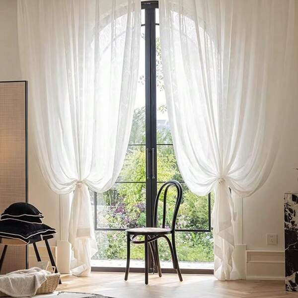 2 Pcs Set, European Minimalist Style Pure White Base Firework Blooming Embroidered Sheer Curtain, Soft Light Filtering, Semi-See-Through, Rod Pocket Installation, Suitable For Living Room, Bedroom, Study, Dining Room, Balcony, Office, Bay Window, Attic And Other Home Decor