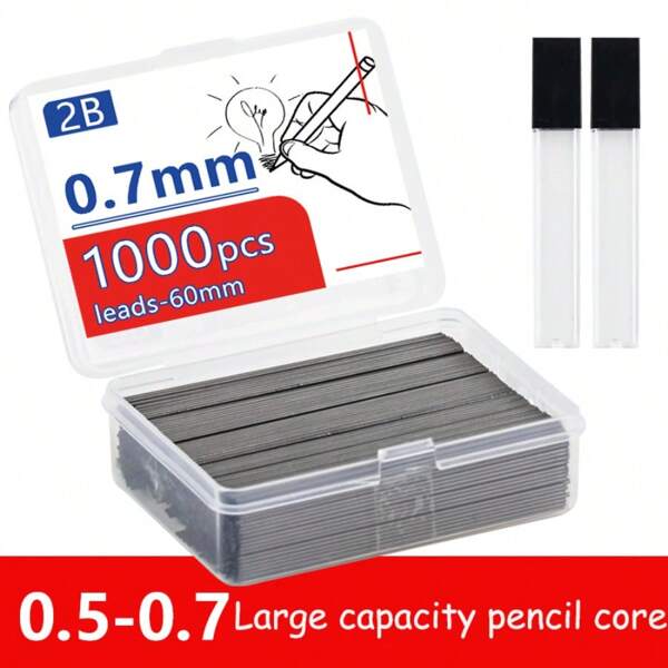 1000 Pcs Mechanical Pencil Refills, 2B Hardness, 0.5/0.7/0.9mm Diameter, 60mm Length, Resin Lead, With 2 Tubes, Ideal For Art And Drawing Back To School