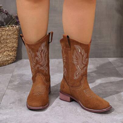 Women's Thick Heel Slip-On Embroidered Brown Western Ankle Booties, Go With Sweater Square Toe Mid-Calf Fashion Cowboy Boots, New Autumn Winter Short Shaft Riding Boots