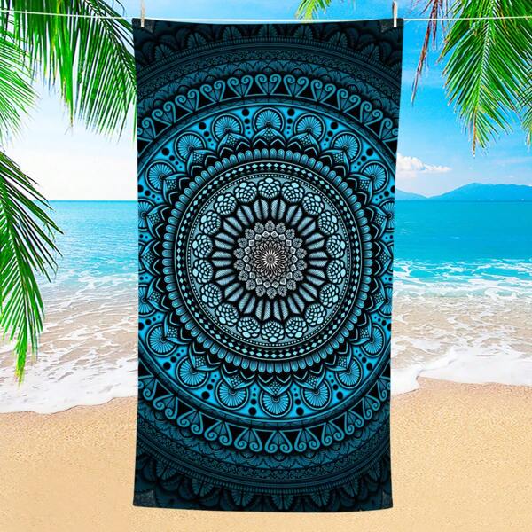 1pc Jurassic Dinosaur Pattern Beach Towel, Quick Dry, Lightweight, Portable, Soft Absorbent, Blue And Black Modern Mandala Pattern - Perfect For Bathing, Outdoor Activities, Fitness, Yoga, Camping And Summer Vacation, Travel Towel | Mandala Beach Towel | Lightweight Towel, Beach Towel