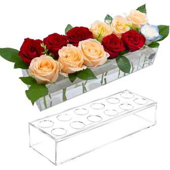 1 pièce Vase à fleurs rectangulaire long en acrylique de 12/16 trous, convient pour le mariage, la maison, la décoration de centre de table de salle à manger, boîte à roses transparente, support floral moderne. Décoration pour la chambre de beauté, décoration de maison de printemps/été, cadeaux d'anniversaire, de remise des diplômes, décoration de chambre, vase en verre