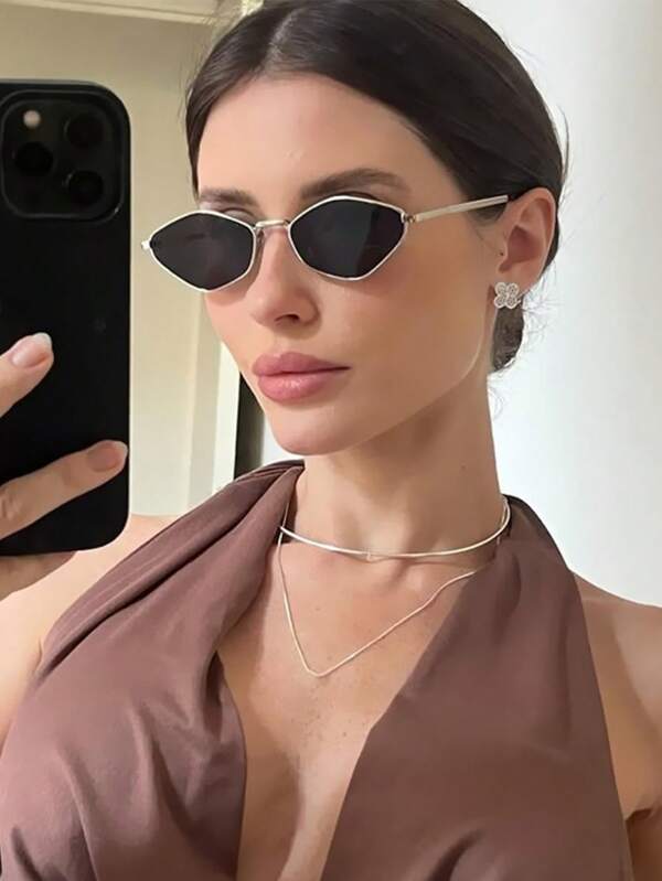 1pc Retro Small Narrow Asymmetrical Glasses Women Chic Metal Gold Shades 90s Fashion Hexagon Sunnies For Summer Rave Party Festival Accessories