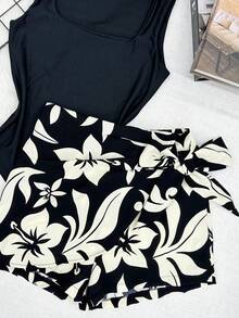AMYLAN FASHION Women's Set Of Suplex Bodysuit + Skirt With Printed Shorts With Lining - Đen và trong suốt - Xem 2