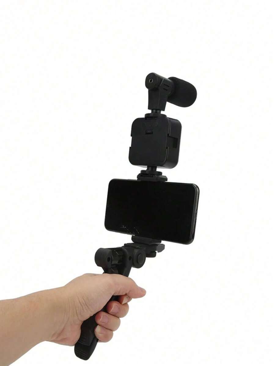 Soporte para celular 3 en 1, tripie, luz y micrófono - Negro - Ver 1