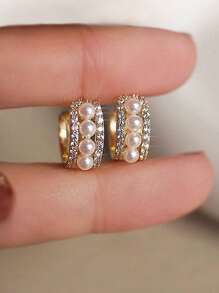 2pcs Pearl Zirconia Hoop Earrings Women Gold Plated Earrings Bridal Wedding Mother' Day Pearl Accessories Vacation Jewelry Gift For Girlfriend Wife