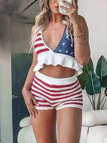 Women's 4th Of July Knit Outfits Stripe Star Halter Neck Ruffled Tank Tops + Shorts Casual Streetwear - 紅色 - 查看 3