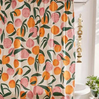 1pc Cartoon Peach Pattern Shower Curtain, Waterproof Polyester Fabric Shower Curtain With 12 Hooks, Machine Washable, 72" W X 72" H, Bathroom Decoration, Bathroom Accessories Fall Decor Back To School