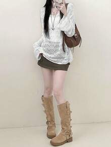 V领镂空针织毛衣休闲宽松长袖上衣，防晒 - 白色 - 查看 6