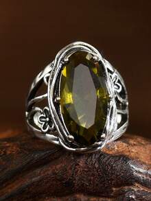 1 chiếc nhẫn Cubic Zirconia màu xanh ô liu lớn lấy cảm hứng từ phong cách cổ điển dành cho phụ nữ, nhẫn đính hôn đính hôn, nhẫn cưới, trang phục hàng ngày - màu xanh ô liu - Xem 2