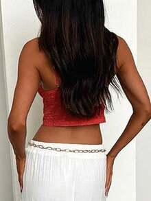 Women's Sexy Lace Up Padded Camisoles Spaghetti Straps V-Neck Ruffle Crop Tops Y2K Cami Shirt Streetwear - Red - View 3