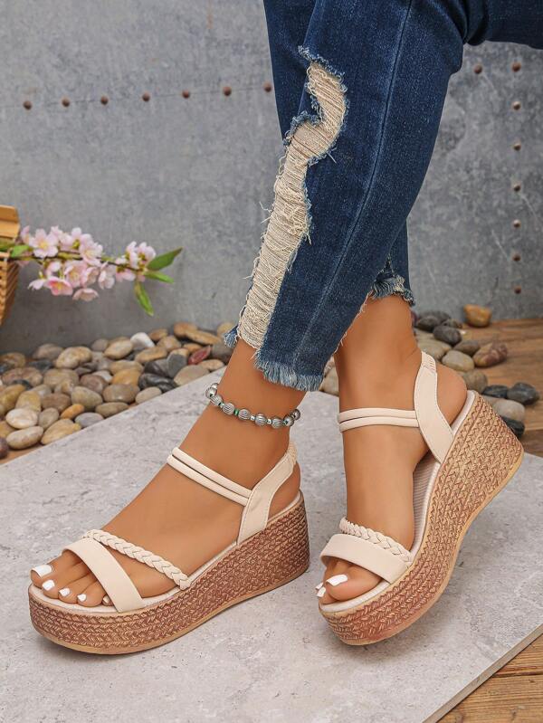 1 Pair Beige Thick Sole Sandals For Teenage Girls, Fashion Lightweight Waterproof Platform Wedge Sandals Suitable For Vacation And Daily Wear, Summer