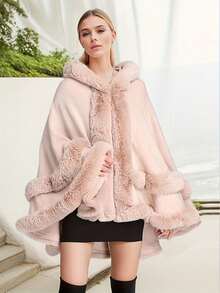 1 Peça Casaco de Suéter Longo Oversized com Capuz, Gola de Pele Sintética de Coelho, Bainha com Franjas, Tecido Acrílico Tricotado, Estilo Europeu e Americano, Novo Outono/Inverno, para Vestido