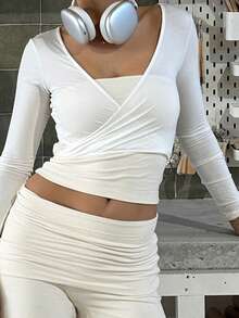 Women Wrap Crop Top Long Sleeve V Neck Cross Tie Ballet Pilates Workout Yoga Shirt  Slim Fit Lightweight Bolero Cardigan Shrug - White - View 3