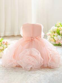 女嬰無袖3D花朵網紗花童公主禮服，適合婚禮派對，不含髮箍 - 淺粉色 - 查看 4