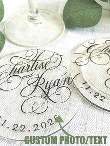 1pc Customized Acrylic Wedding Coaster, Transparent Elegant Coaster Set, Can Print Newlyweds' Names/Wedding Date Logo, Heat-Resistant Placemat Souvenir, Wedding Memento - Multicolor - View 3