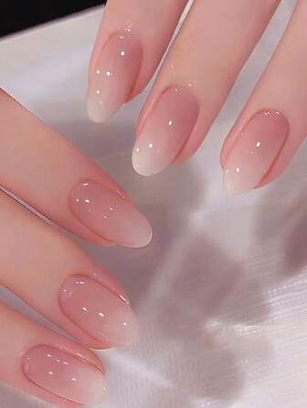 24pcs Medium Oval Press-On Nails - Glossy Pink Gradient, Easy Apply Fake Nails With Jelly Glue & Nail File For Everyday Elegance