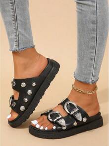 2025 Summer New Fashion Women's Chunky Wedge Heel Sandals With Double Straps,Gold Bat Buckle,And Flower Design Buckle,Round Toe,Open Toe,And Slip-On Style For Casual And Stylish Look. - màu đen - Xem 2