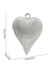 Rhinestone Embellished Heart Shaped Luxury Tassel Evening Clutch Bag, Diamond Wedding Party Handbag, Silver Envelope Purse, High-End Fashion Elegant Evening Dress Bag Crossbody Bag