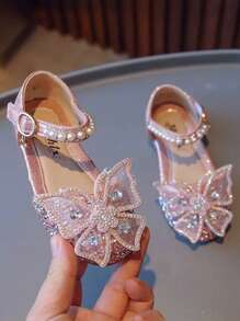 A Pair Of Fashionable New Girl Princess Shoes, Little Girl Soft-Soled Crystal Diamond Bow Sandals, Baby Diamond Shoes, Girls Sequined Dancing Closed Toe Shoes.