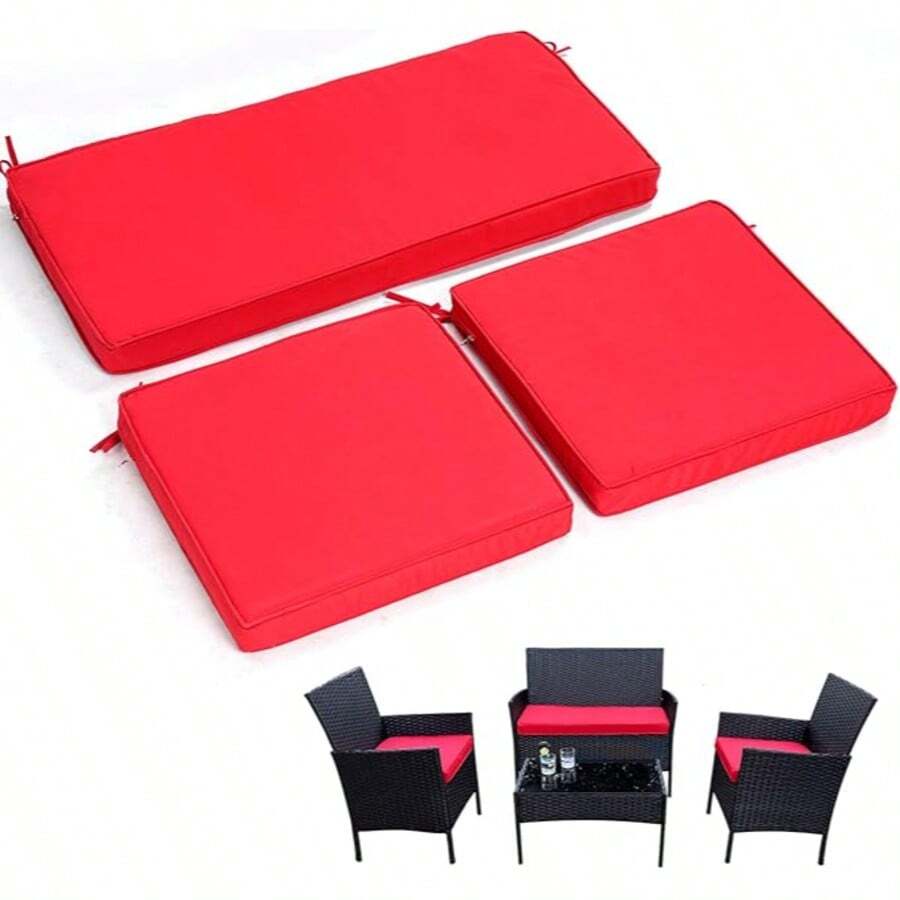 3-Pack Outdoor Patio Furniture Replacement Cushions Set–High-Elastic Sponge Cushions Fit 4-Piece Wicker Rattan Sofa, Loveseat & Chairs, 36x18x2 & 18x18x2, Waterproof, Fade-Resistant (Wine Red) - Wine red - 查看 1