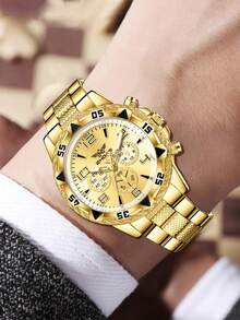 男士4件套金色合金表带套装 - 时尚商务经典三眼数字刻度石英表，含手链、戒指、项链，适合日常穿搭或节日礼物 - 金色 - 查看 4