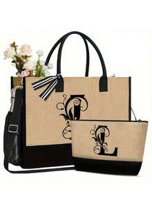 Black Khaki Patchwork Tote Bag Set, Black Vines Wrapped Around The Initial Letters A-Z, With The Same Series Of Color Block Makeup Storage Bag, Toiletry Bag, Wallet, Personalized Gift Bag, Fashionable Personalized Tote Bag - Khaki - View 65