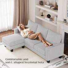 L-Shaped Sectional Sofa, Multi-Seat Modern Sofa With Removable Ottoman, Suitable For Living Rooms, Apartments, Offices,Linen Fabric - 灰色 - 查看 7