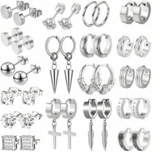 36PCS Men's Stainless Steel Earrings Set - Silver Cross/Hoop/Stud Multipack Hypoallergenic Body Jewelry For Men, Perfect Gift For Birthday Party & Casual Wear