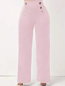 UREREM Pantalon droit à taille haute avec boucle métallique décorative pour femmes, en tissu tricoté 200g, affinant, convenant à toutes les saisons, de qualité premium - Rose bonbon - Voir 2