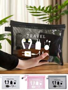 Mesh Cosmetic Bag With Data Cable Pattern,Printed With Data Cable, Headphone, And Charger Patterns Design,Red Air Cushion Storage Portable Storage Bag, Makeup Bag, Skincare Bag, Travel Essentials,For Holiday Beach, Bathroom Collection, Bedroom Collection, Large Capacity - Multicolor - View 12