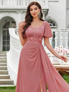 MIUSOL Sequin Embroidered Lace Sweetheart Neck Ruffle Sleeve Draped Side Split Thigh Formal Party Maxi Dress, Wedding Dress, Bride - Dusty Pink - View 9