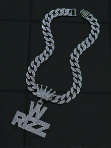 Funky Rizz Letter Pendant Necklace With Cuban Chain - Hip Hop Style Crown Clasp, Zinc Alloy & Rhinestone Accents For Men - W RIZZ Pendant Necklace - View 12