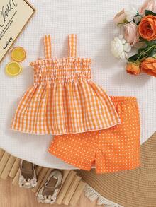 Baby Girl 2pcs Spring Set: Cable Knit Strawberry Embroidery Bow Grid Suspender Top + Red Polka Dot Shorts