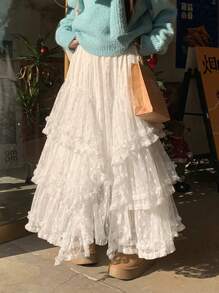 Plus Size Women's French Floral Lace Elegant Gentle Sweet Princess Tulle Skirt