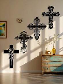 1 pieza Mural de arte industrial de hierro, Cruz anti-oxidante y rosa blanca, diseño religioso minimalista para regalo de Pascua/Día de Todos los Santos/Navidad - Multicolor - Ver 2